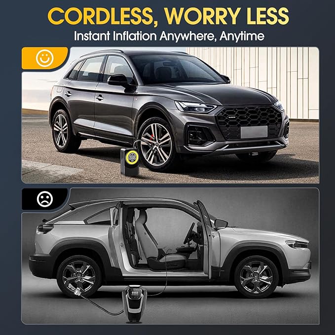 CARSUN Tire Inflator Portable Air Compressor, 150PSI Air Pump For Car Tires with Digital Pressure Gauge, LED Light and Auto Shut-Off Function Cordless Pump for Car, Motorcycle, Bicycle, Balls