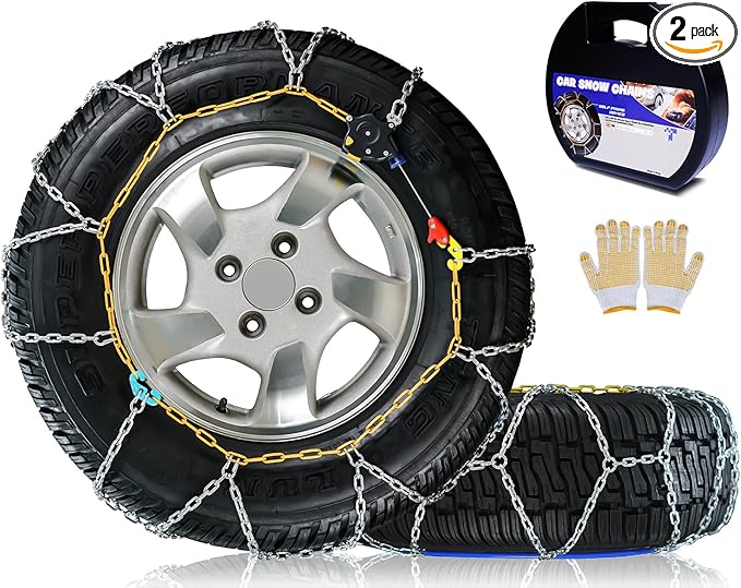 Snow-Chains Auto Fixing 1 Min Quick Fit Easy Installation Tire-Chains, Portable Reusable Universal Emergency Tire Traction Chain for Passenger Car, Pickup Trucks and SUV - Set of 2 (HKN-70)