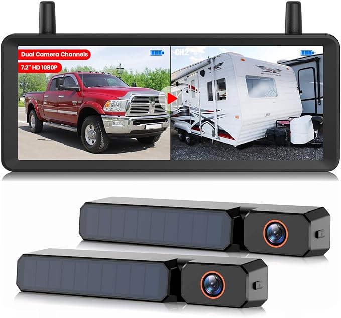 Solar Wireless Backup Camera 2-Cam System: 2-Min Install, 7.2" 1080P HD Split-Screen Monitor with Dual Antennas for Strong Signal, IP69K Waterproof Rear View Camera for Truck, RV, Camper, Trailer
