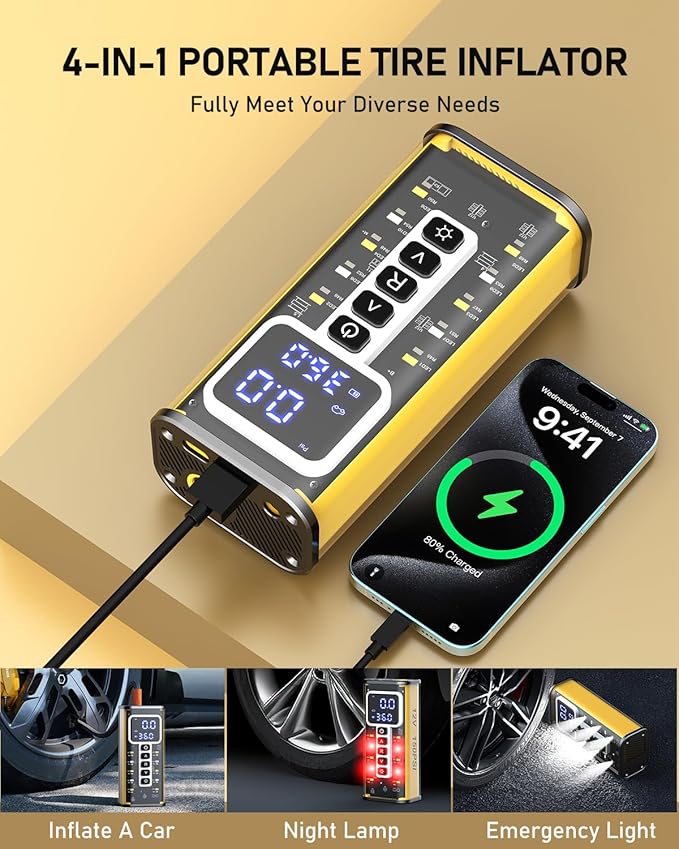 Tire Inflator Portable Air Compressor, 150 PSI Air Compressor for Car Tires, Portable Tire Inflator for Car with Pressure Gauge, Tire Pump for Cars, Bike, Motorcycle, Ball