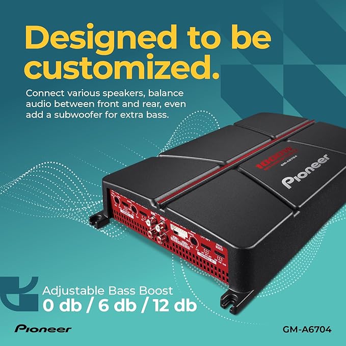 Pioneer GM-A6704 4-Channel Car Amplifier – 1000W Max, Class AB, Bridgeable Design, Bridgeable, High-/Low-Pass Filters