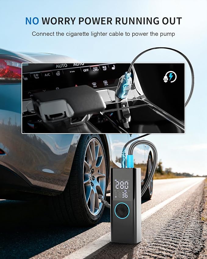 Tire Inflator Portable Air Compressor - 4X Faster & 150PSI Tire Pump For Car Moto Bike Ball - Auto Shut-Off - Fast Charge Power Bank - LED Night Light - Elderly Friendly