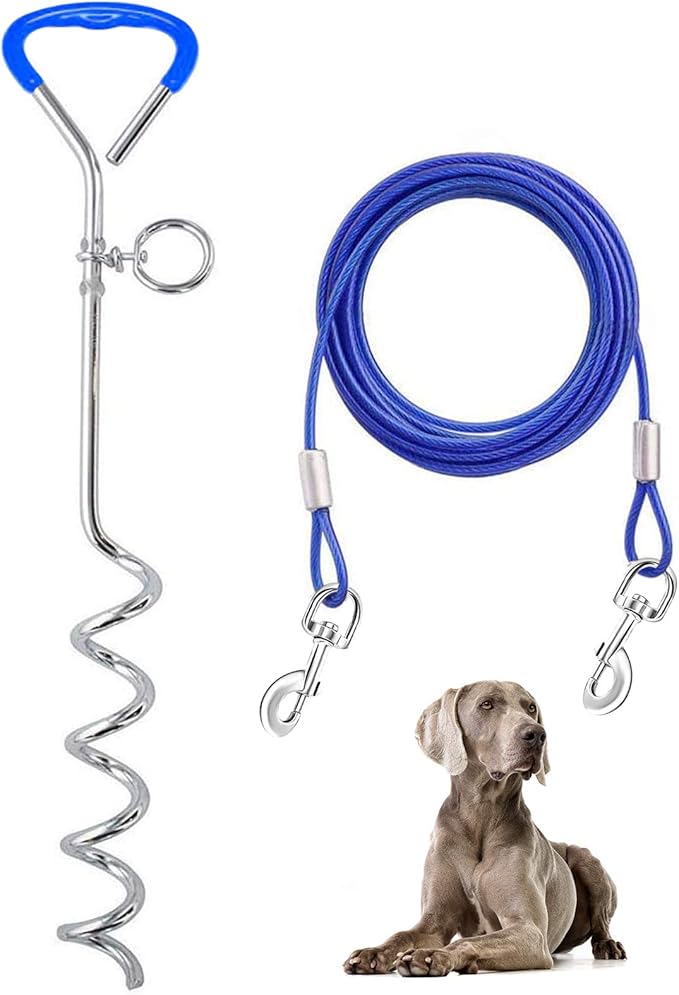 Dog Tie Out Cable and Stake 32/16/10 ft Outdoor, Yard and Camping, for Medium to Large Dogs Up to 125 lbs, 16" Stake, 32/16/10 ft Cable with Durable Spring and Metal Hooks for Outdoor