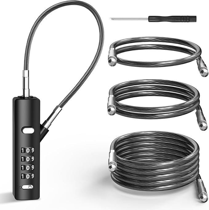 4-Digit Combination Cable Lock with 3 Steel Cables (9"/24"/47") - Secure Reset Only with Current Code - for Bike, Luggage, Gate, Shed, Cabinet - Black, 1 Pack