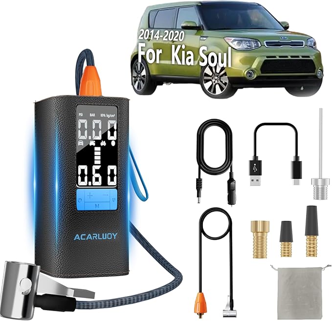 Portable Air Compressor for Car Tires - 3X Faster Inflation, Fit for Kia Soul(2014-2020),6000mAh Battery, LCD Screen, LED Light,Auto Shutoff