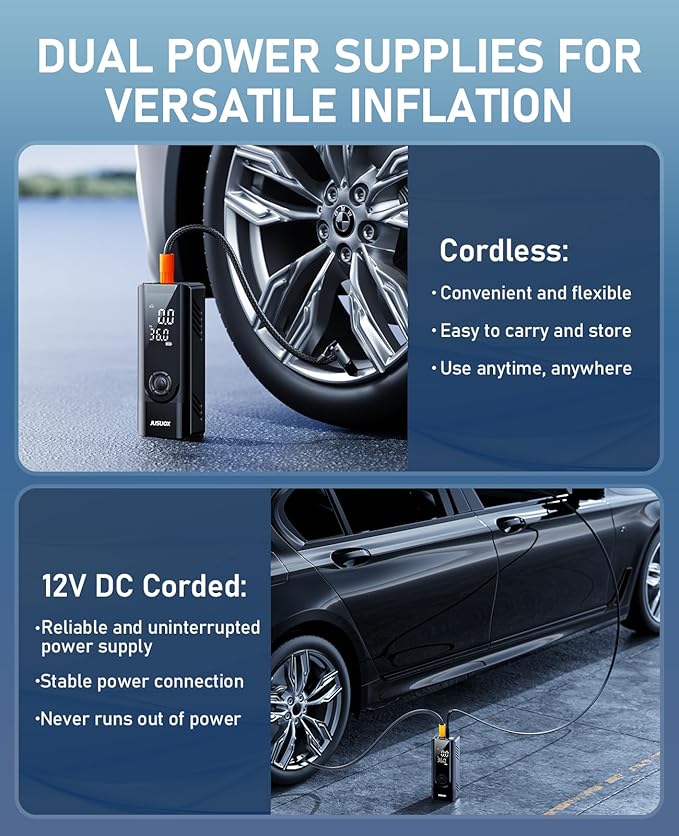 Tire Inflator Portable Air Compressor, 150PSI Cordless Air Pump for Car Tires, Battery & 12V DC Dual Power Electric Bike Tire Pump with Digital Pressure Gauge, LED Light, for Motorcycle, Ball