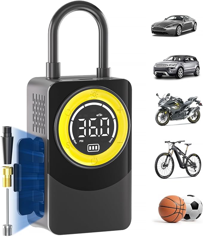 CARSUN Tire Inflator Portable Air Compressor, 150PSI Air Pump For Car Tires with Digital Pressure Gauge, LED Light and Auto Shut-Off Function Cordless Pump for Car, Motorcycle, Bicycle, Balls