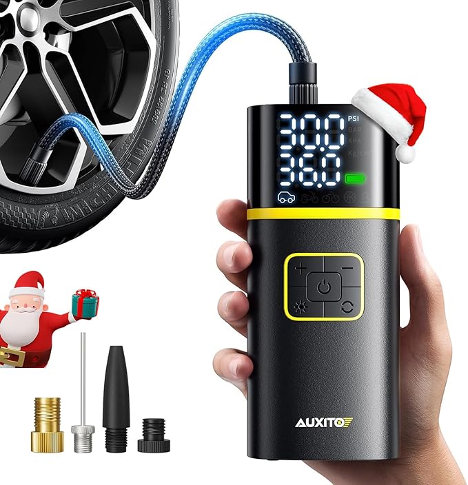 AUXITO Tire Inflator Portable Air Compressor - 150PSI Bike Pump 1Min Fast Inflate with Tire Pressure Gauge, LED Light & Car Accessories, Air Pump Tire Inflator for Auto, Motorcycle, Bike, Ball