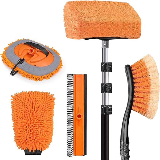 20ft Reach Car Wash Brush with Long Handle-Car Cleaning Kit with 4-12FT Extension Pole, Ultimate RV,Truck Wash Set with Soft Brush, Tire Brush, Window Squeegee, Mitt, Microfiber Cleaning Mop