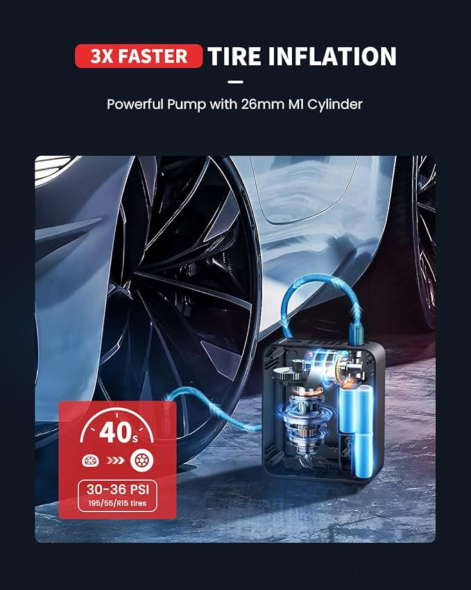 LASFIT CR1 Pro Tire Inflator Portable Air Compressor [3X Fast Inflation] 150PSI Air Pump for Car Tires Electric Tire Inflator with Digital Pressure Gauge, Smart Auto Stop for SUV, Sedan, Motorcycle