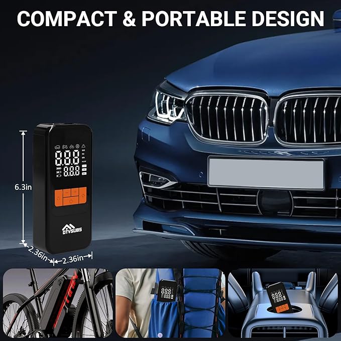 Tire Inflator Portable Air Compressor, 150PSI Portable Air Pump for Car Tires, Electric Bike Tire Pump with Pressure Gauge LED Light, Rechargeable Tire Inflator for Car, Motorcycle, Bike, Ball