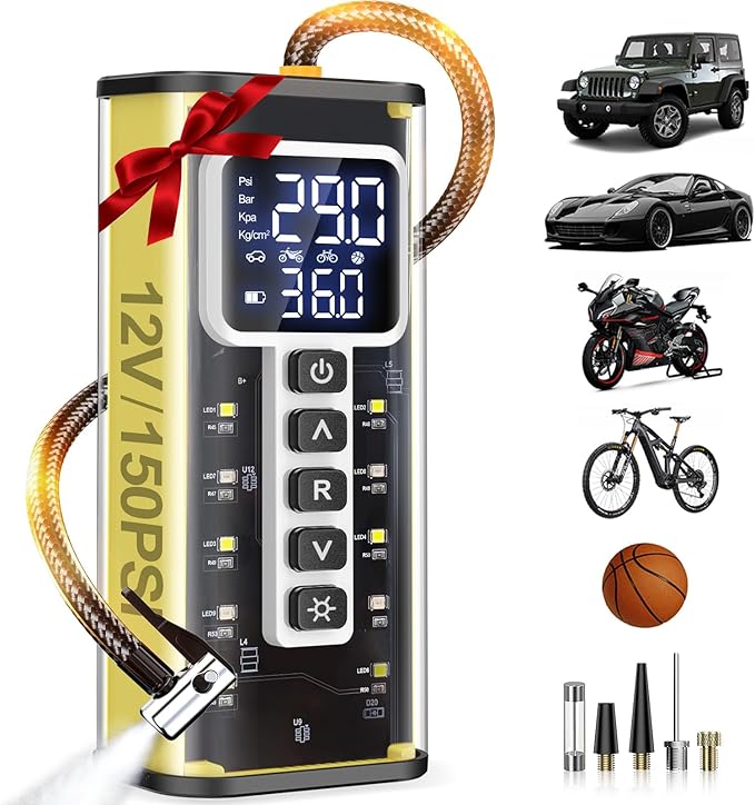 Tire Inflator Portable Air Compressor, 150 PSI Air Compressor for Car Tires, Portable Tire Inflator for Car with Pressure Gauge, Tire Pump for Cars, Bike, Motorcycle, Ball