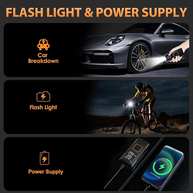 Tire Inflator Portable Air Compressor, 150PSI Cordless/12V DC Air Pump for Car Tires with Pressure Gauge, Auto Shut-Off, LED Light, 4X Faster Tire Inflator Bike Pump for Car, Motorcycle, Bike, Ball