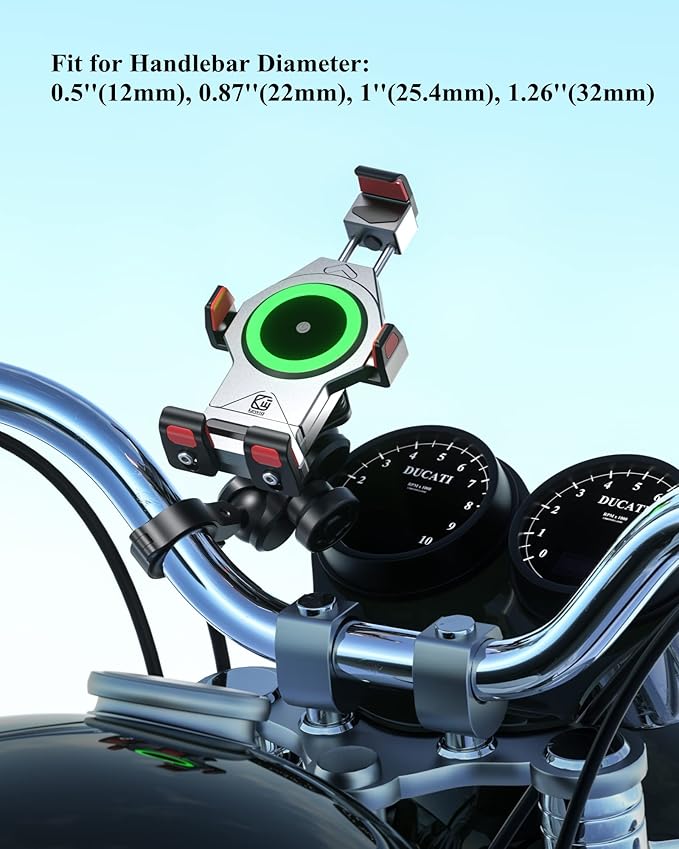 BRCOVAN Motorcycle Phone Mount with Qi 15W Wireless Charger & Vibration Dampener, Aluminum Alloy Anti-Theft Waterproof Motorcycle Handlebar Cellphone Holder, Adjustable Fit 4.7''-7.2'' Smartphones
