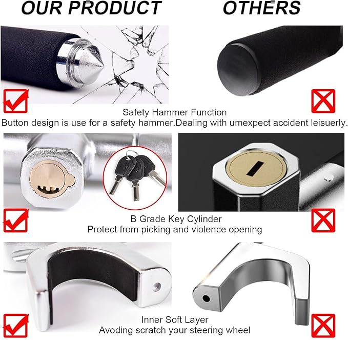 Tevlaphee Steering Wheel Lock for Cars,Wheel Lock,Vehicle Anti-Theft Lock,Adjustable Length Clamp Double Hook Universal Fit Emergency Hammer Window Breaker Self Defense Heavy Duty Secure