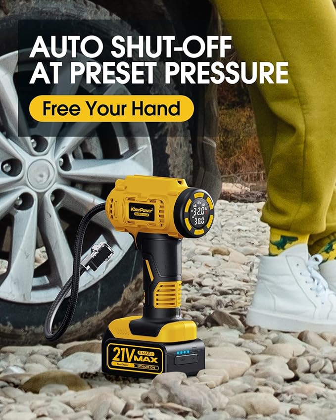KeenPower Cordless Tire Inflator Portable Air Compressor, 160PSI Car Tire Air Pump, 21V Rechargeable Battery Powered Air Compressor, Dual Power, Larger HD Digital Gauge w/4+N Smart Modes (Yellow)