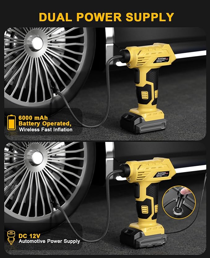 Tire Inflator Portable Air Compressor, 160PSI Large Full-Screen display Portable Air Pump with Digital Pressure Gauge, Rechargeable Battery Powered Portable Air Compressor with 12V DC Adapter