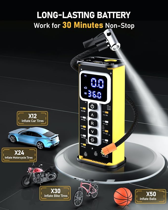 Tire Inflator Portable Air Compressor, 150 PSI Air Compressor for Car Tires, Portable Tire Inflator for Car with Pressure Gauge, Tire Pump for Cars, Bike, Motorcycle, Ball