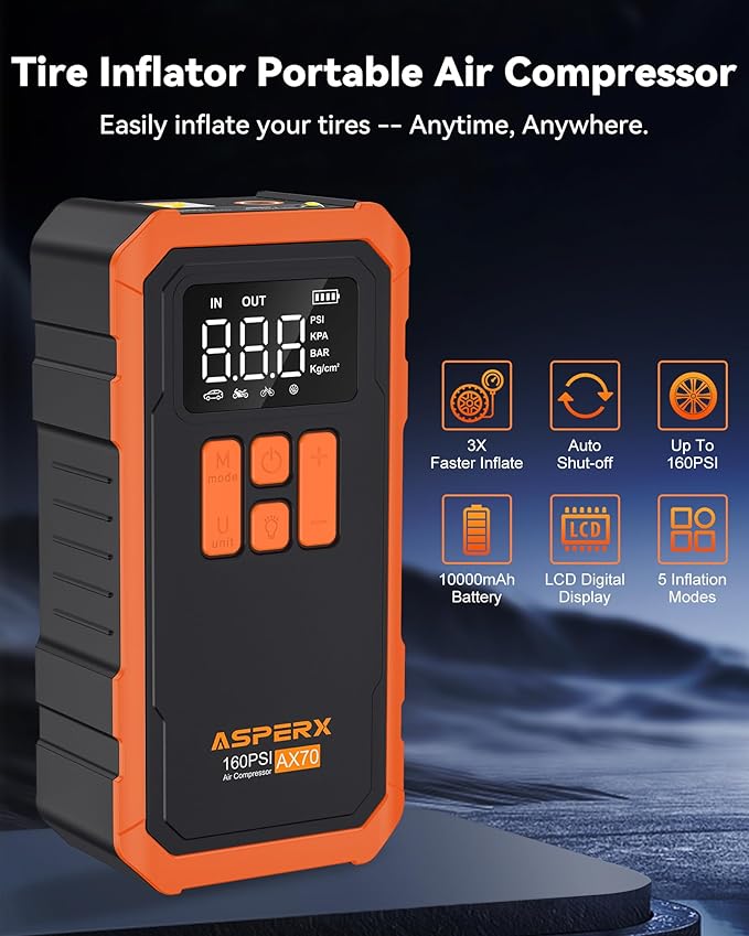 Tire Inflator Portable Air Compressor- 160PSI & 10000mAh Portable Air Pump with Carrying Case, LCD Display & LED Light, 3X Fast Inflation for Car, Bike, Motorcycle, Balls and more(Orange)