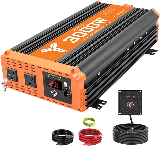 3000W Inverter 12V DC to 110V AC Converter for Home, RV, Truck, Off-Grid Solar Power Inverter with Built-in 5V/2.1A USB, AC Hardwire Port, Remote Controlle