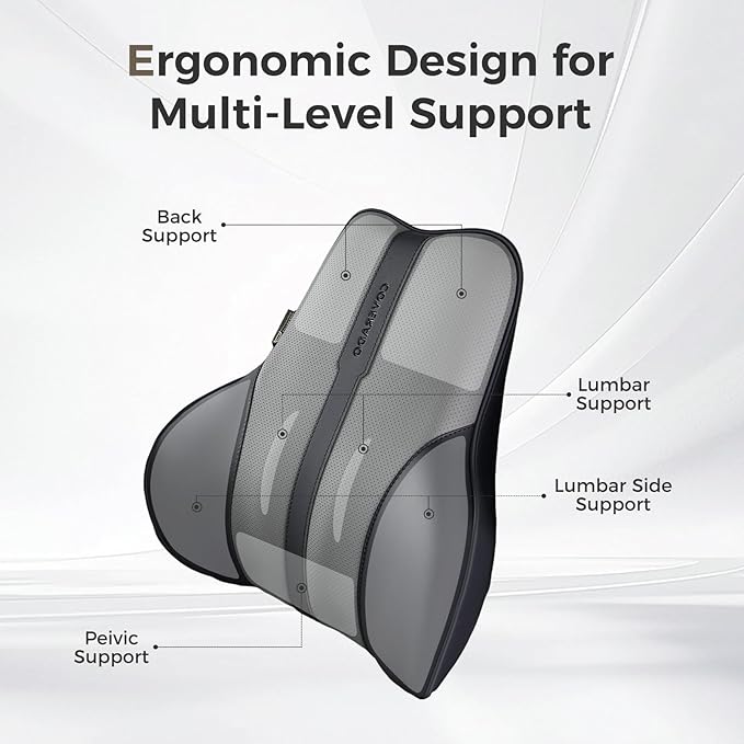 Coverado Lumbar Support Pillow for Car, Ergonomic Memory Foam Back Pillow for Office Chair, Back Cushion for Back Pain Relief, PU Leather Car Lumbar Support for Driving Seat - Black&Gray