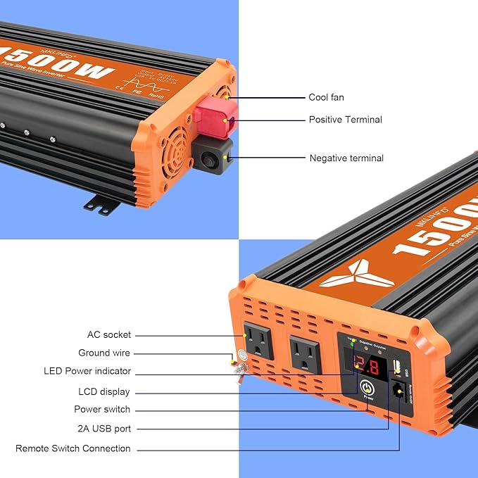 1500 Watt Pure Sine Wave Power Inverter 24V DC to 120V AC, 3000W Surge Peak Power, Inverter for RV, Truck, Solar, Campers with 2 AC Outlet, 5V 2.0A USB, Remote Control Compatible with Lithium