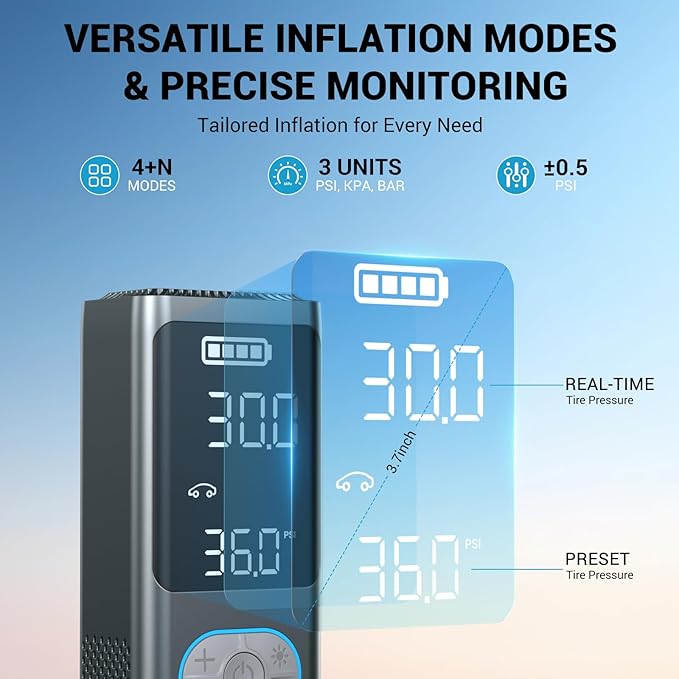 AVAPOW AP18 Tire Inflator Portable Air Compressor, 300% Faster 150 PSI Cordless Air Pump with Tire Pressure Gauge, 3.7″ Dual LCD Screen, Auto-Shuts Off Tire Pump for Car, Motorcycle, Bicycle, Blue