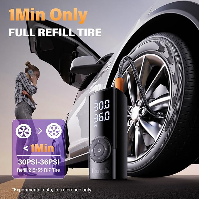 TM-A Tire Inflator Portable Air Compressor - 12V Car Tire Air Pump Portable with Pressure Gauge - One Minute Fast Inflation, Ideal for Car, Motorcycle, Bicycle and More