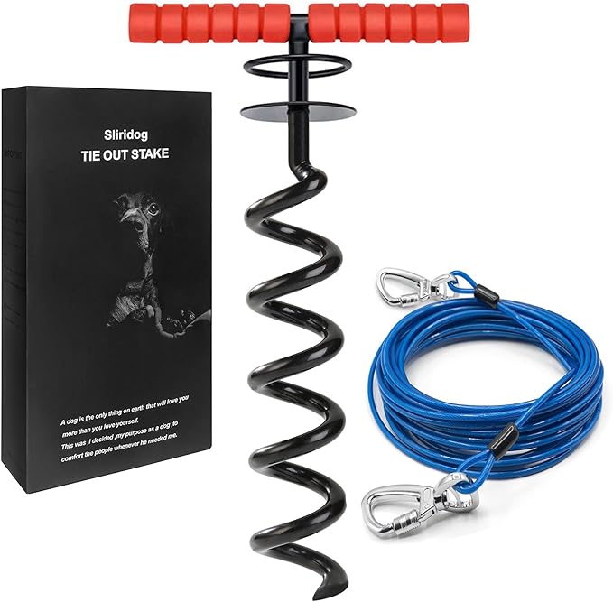 Heavy Duty 20FT Dog Tie Out Cable and Stake for Large Dogs, Dog Tie Out Stake and Cable Anchor for Dogs Up to 200 lbs,for Yard, Beach, Outdoor(Black)