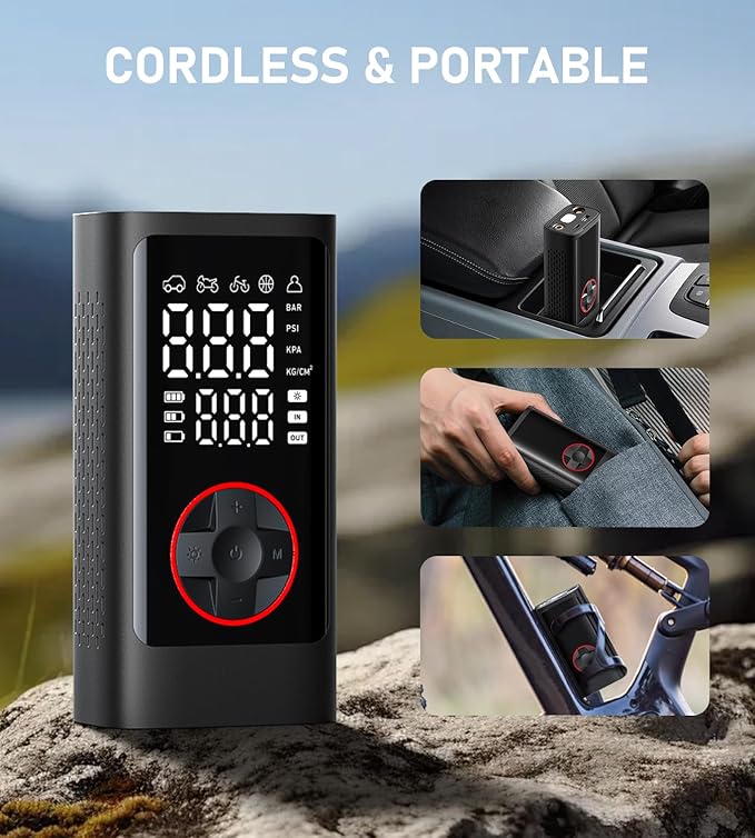 Tire Inflator Portable Air Compressor, 150PSI Cordless Air Pump for Car Tires, Bike Tire Pump with Pressure Gauge, Auto Shut Off, LED Light for Car Motorcycle Bicycle