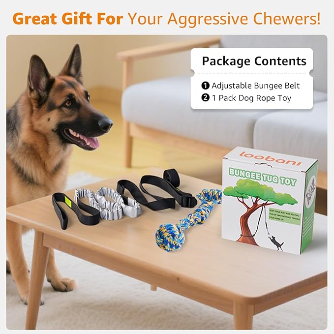 LOOBANI Outdoor Bungee Tug Toy, Dog Toy Hanging from Tree for Small to Large Dogs, Interactive Exercise Play Cord & Tether with Chew Rope Toy (Tree Stump Tug of War-Black)