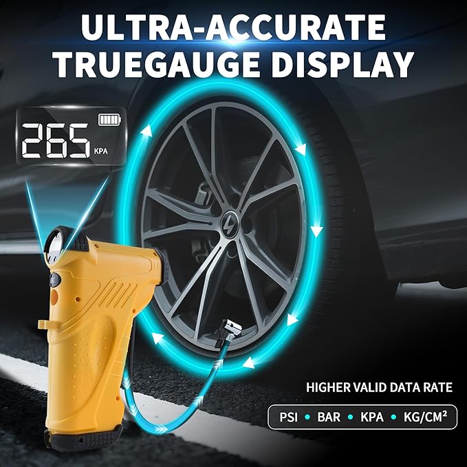 12V Cordless Tire Inflator with LCD Display, 150PSI High Pressure Air Compressor for Car Tires - Fast Charging 22mm Metal Cylinder Pump with Auto Stop, Digital Gauge, LED Light & Dual Power Options