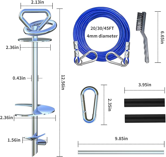 Dog Tie Out Stake with 20ft Swivel Cable for Large Dogs up to 150 lbs - Heavy Duty for Yard, Sand, or Beach
