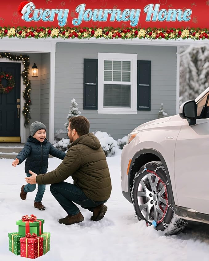 Snow-Chains Auto Fixing 1 Min Quick Fit Easy Installation Tire-Chains, Christmas Gifts for Safety, Universal Emergency Tire Traction Chain for Passenger Car and SUV - Set of 2 (XM-90)