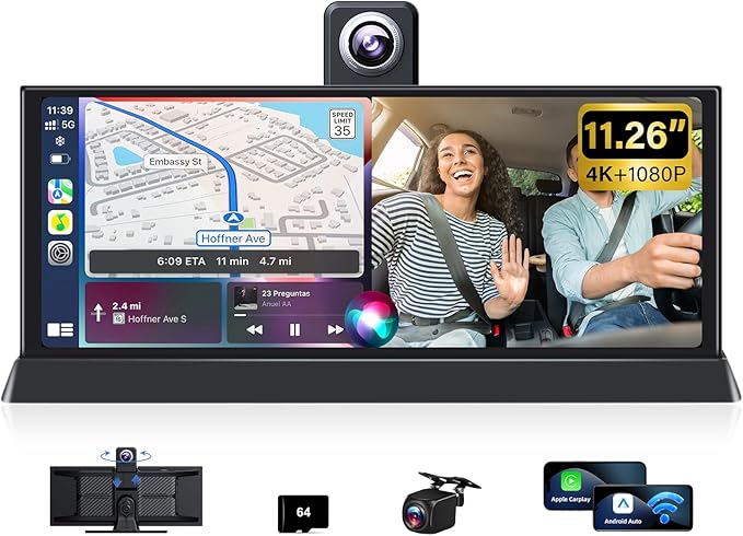 11.26'' Apple CarPlay Screen for Car Tablet Pro Max 2025 Wireless Car Play Android Auto Screen 4K Dash Cam with 350° Rotatable Lens Bluetooth/GPS Navigation/Voice Control Unique Bracket