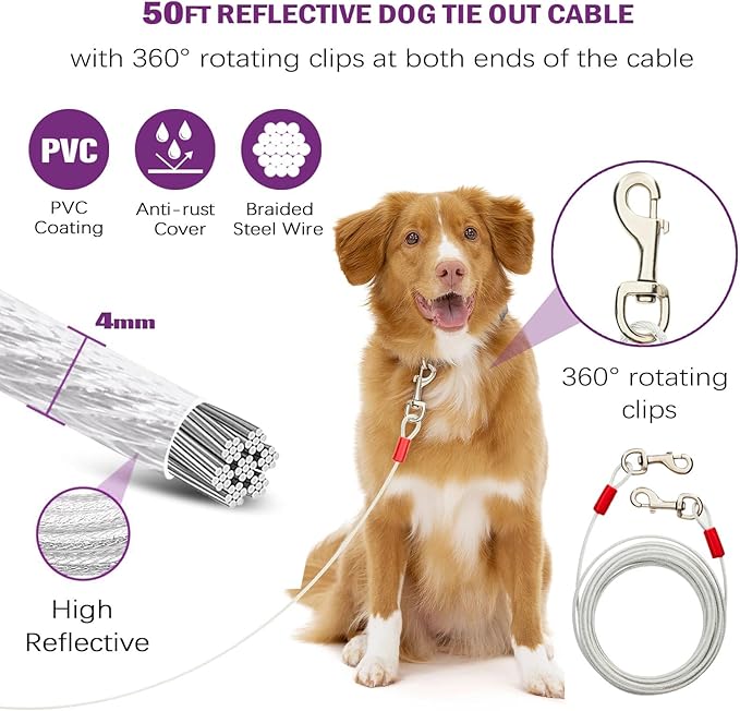 360° Swivel Dog Tie Out Cable and Stake - 50 Ft Dog Yard Leash and Stake Rust Proof for Small Medium Large Dogs - Petfect for Grass Yard Camping Outdoor