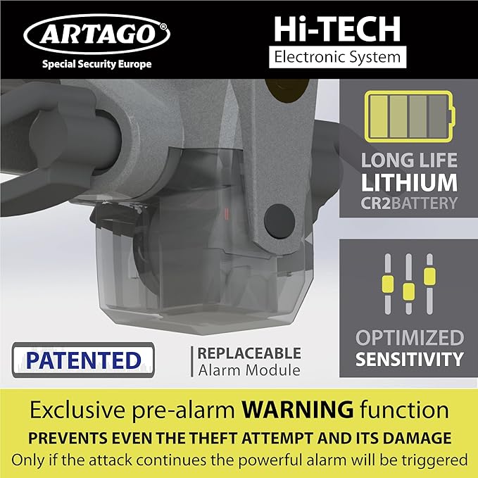 ARTAGO 870 High-End Steering Wheel Lock, 2in1 Without/With 120dB Alarm +Don't Touch +LED, More Secure & Deterrent Around a Spoke, Best Locking Bar, Universal Anti Theft Device for Car Truck Van Camper