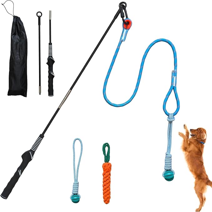 Flirt Pole for Dogs, Tether Tug Outdoor Dog Toy, Interactive Toys for Large Breed & Puppies, Agility Training Equipment, Durable Rope Toy with Chew Ball, Exercise & Training Tool