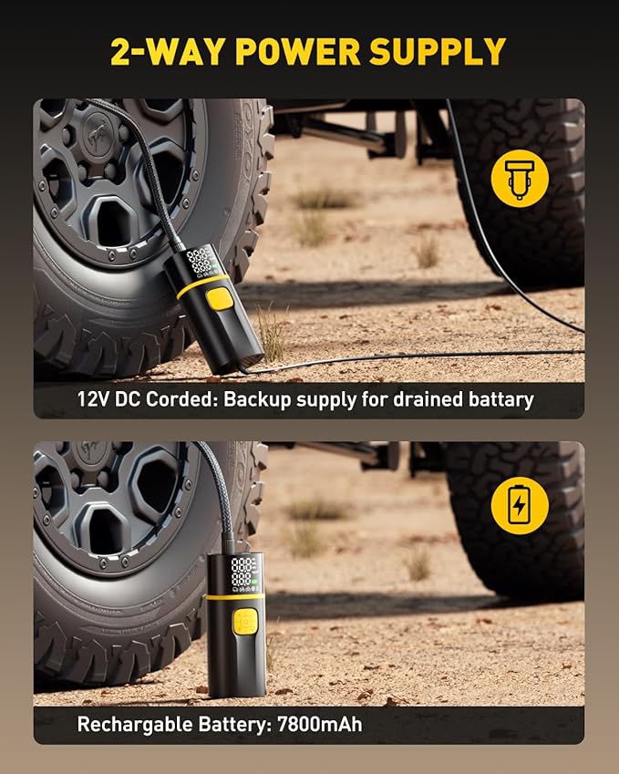 AUXITO A502 Tire Inflator Portable Air Compressor - 150PSI Dual Cylinder 7800 mAh & 12V DC, Bike Pump Air Pump for Car, Truck, Bike, Motorcycle with Digital Tire Pressure Gauge & LED Light