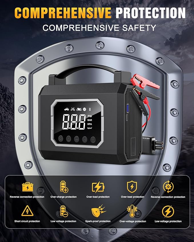 Tire Inflator Portable Air Compressor, 160PSI & 26800mAh 4X Fast Inflation, 65W Fast Charge, Car Battery Jump Starter,4 Modes Flashlight, Air Pump with Digital Pressure Gauge for Car, Bike, Motorcycle