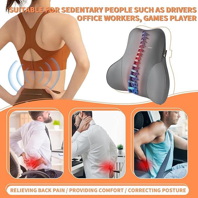 Coverado Lumbar Support Pillow for Car Seat Driver, Leather Car Seat Cushions for Driving Back Pain, Detachable Memory Foam Upper Lower Car Back Support Gray