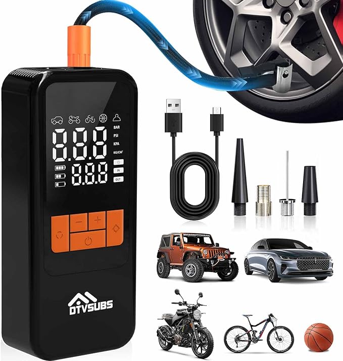 Tire Inflator Portable Air Compressor, 150PSI Portable Air Pump for Car Tires, Electric Bike Tire Pump with Pressure Gauge LED Light, Rechargeable Tire Inflator for Car, Motorcycle, Bike, Ball