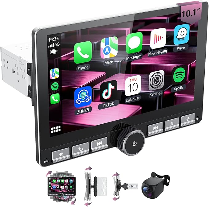 10.1" 360° Rotatable Touchscreen Car Stereo with Wireless Apple CarPlay & Android Auto, Features GPS Navigation, DSP Hi-Fi Sound, Voice Control, Backup Camera,1080P Support & APK Management