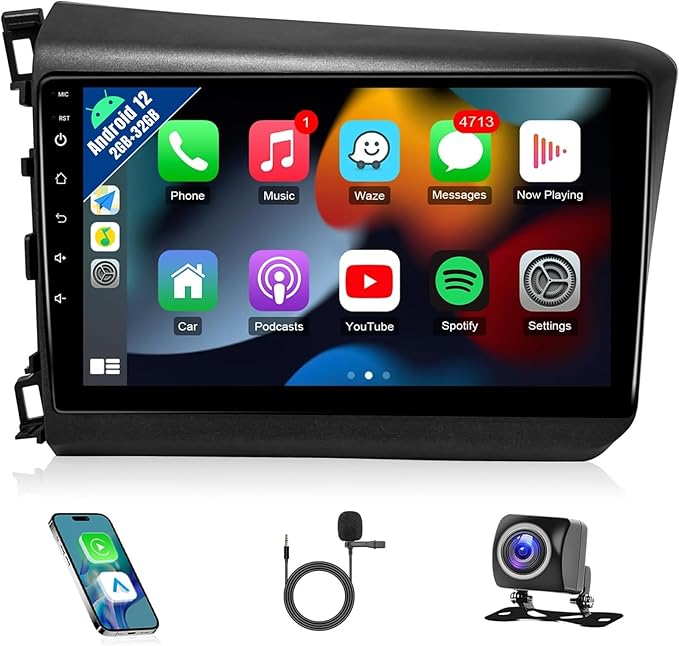 Leadfan Car Radio Stereo for Honda Civic 2012 Compatible with Wireless Apple Carplay Android Auto, 9 Inch Touchscreen GPS Navigation WiFi Bluetooth Backup Camera MirrorLink Mic 2+32G
