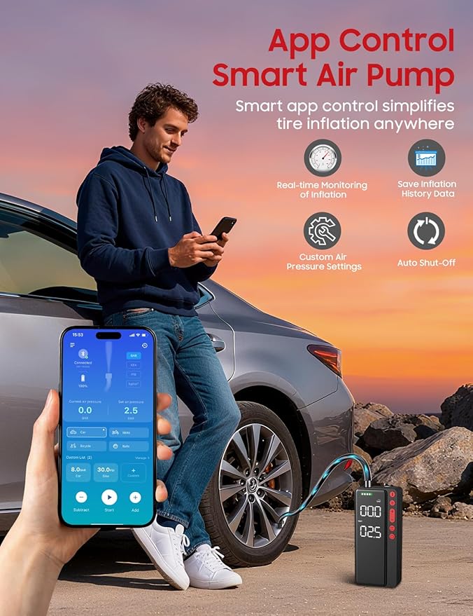Tire Inflator Portable Air Compressor, 10000mAH&150PSI Smart APP Cordless Air Pump For Car Tires, Built-in Accessories Storage, Bike Pump with Digital Gauge&LED Light for Motorcycle, Ball