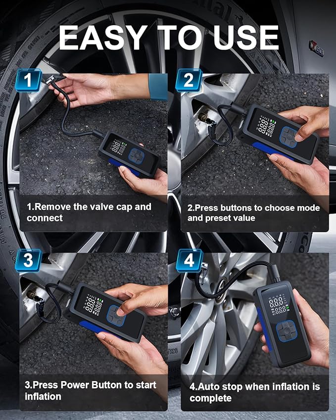 Tire Inflator Portable Air Compressor, 150PSI Air Pump Tires Portable with Pressure Gauge, Tire Inflator with LED Light for Car, Bike, Motorcycle, Balls