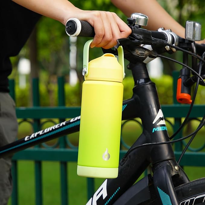 BJPKPK Insulated Water Bottle with Straw Lid, 12oz Thermo Water Bottles, Flex Handle & Non-slip Boot, BPA Free Leak Proof Stainless Steel Metal Thermo, Tumblers, Cups,Fresh Green