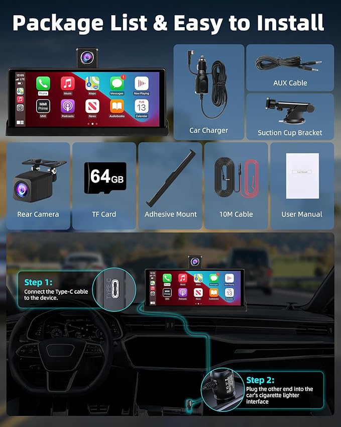 【350° Rotatable Lens】10.26''Wireless Apple CarPlay Screen for Car & 4K Dash Cam Portable Android Auto Car Stereo, Car Audio Receivers 1080P Backup Camera, Bluetooth/GPS Navigation/AirPlay/Googel/Siri