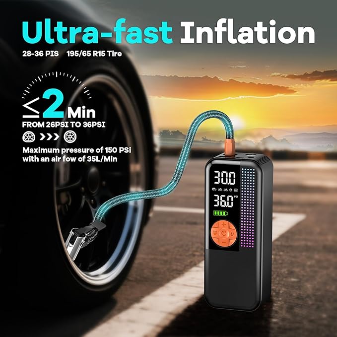 Portable Tire Inflator Air Compressor, 150 PSI Cordless Air Pump, 6000mAh Battery & 12V Car Outlet, Digital Pressure Gauge, Auto Shut-Off, Fast 24L/Min, LED Light, 4 Preset Modes for Car, Bike, Balls