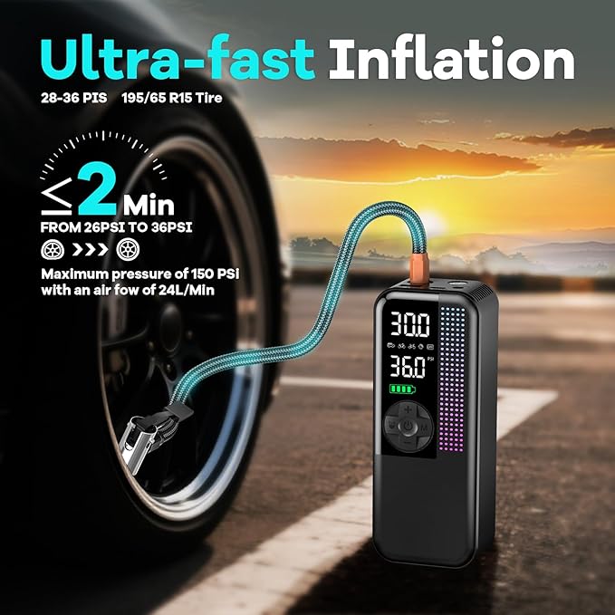 Tire Inflator Portable Air Compressor, 150 PSI Cordless Air Pump, Dual Power 6000mAh, 12V DC Car Plug, Fast Inflation 24L/Min, Auto Shut-Off, LED Light, 4 Preset Modes for Car, Bike, Motorcycle, Balls